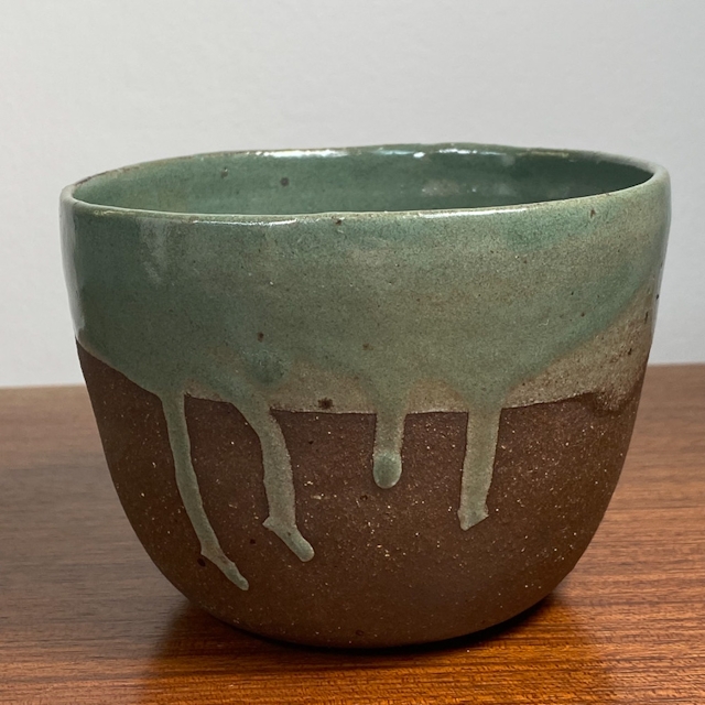 Vulcan clay pot with green dripped glaze